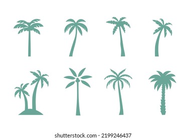 Green palm trees set isolated on white background. Palm silhouettes. Design of palm trees for posters, banners and promotional items. Vector illustration