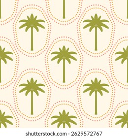 Green palm trees silhouettes vector seamless pattern illustration. Block print tropical plants with rounded frames on light background for fabric, wallpaper. Simple retro summer beach repeat tile