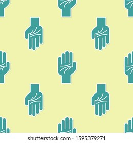 Green Palmistry of the hand icon isolated seamless pattern on yellow background.  Vector Illustration