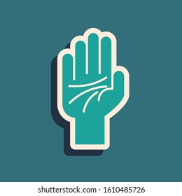 Green Palmistry of the hand icon isolated on blue background. Long shadow style. Vector Illustration