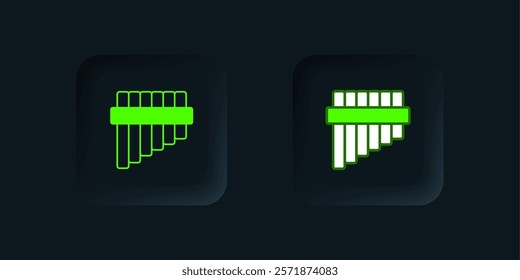 Green Pan flute icon isolated on black background. Traditional peruvian musical instrument. Folk instrument from Peru, Bolivia and Mexico. Black square button. Vector