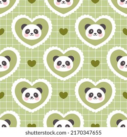 Green panda face with hearts, kawaii animals seamless pattern background, kids wildlife wrapping paper design, fabric and textile childish print