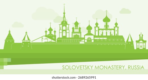 Green panorama of Solovetsky Monastery, Russia - vector illustration