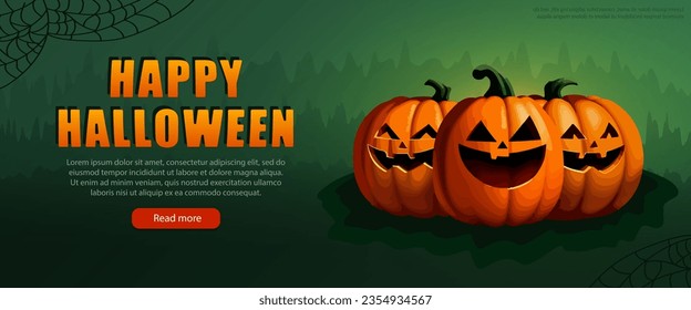 Green panoramic banner with carved pumpkins as Halloween mascot. October 31st party invitation or holiday sale wide poster with Jack-o-lantern and spider web. Spooky header wallpaper