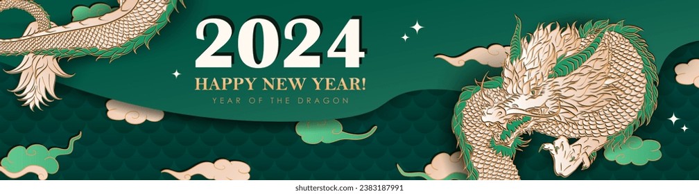 Green panoramic banner with hand drawn paper cut clouds, stars and golden Chinese dragon zodiac sign  for 2024 New Year. Layered header in asian style. Christmas craft billboard or greeting card