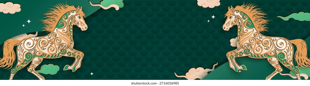 Green panoramic banner with hand drawn paper cut clouds, stars and golden Chinese Horse as a zodiac sign for 2026 New Year. Layered header in asian style. Christmas craft billboard or greeting card