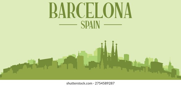 Green panoramic poster of the city skyline with solid background buildings on a hilly terrain of BARCELONA, SPAIN