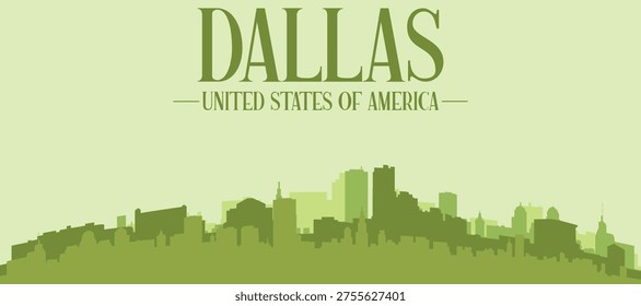 Green panoramic poster of the city skyline with solid background buildings on a hilly terrain of DALLAS, UNITED STATES
