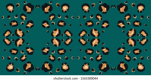 Green Panther Vector Seamless Pattern. Yellow Creative Leopard Printed Tie Pattern. Bohemian Fabric Design Graffiti Grassy Jaguar Texture. Black Cheetah Handmade Design.