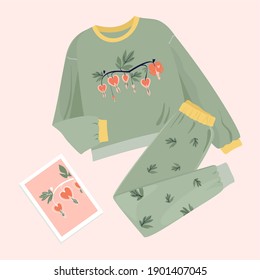 Pantalones verdes y una sudadera con una estilizada flor de corazón Sangrante. Ilustraciones aisladas de moda. Prendas Unisex en una suave vista de fondo vertical hacia abajo.