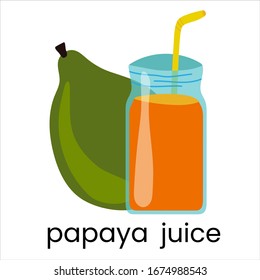 Green papaya and juice. Ripe organic pawpaw.Vector illustration cartoon flat icon isolated on white. can be used for: Print, banner, label, poster, sticker, logo.