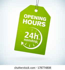 Green paper 24h nonstop opening hours vector tag. isolated from background. layered.