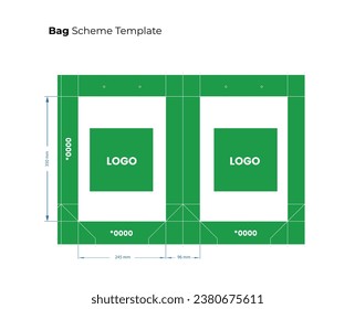 Green paper bag template. Package vector illustration. Printable blueprint of scheme to cut geometric model.