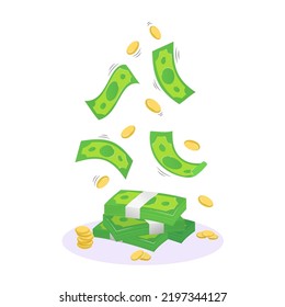 Green paper banknotes that drop from above seamless. Vector illustration