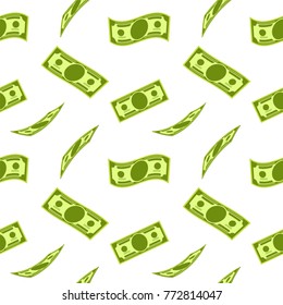 Green paper banknotes that drop from above seamless pattern