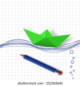 Green paper boat on the water surface, which is drawn with a pencil