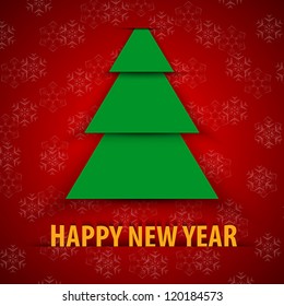 Green paper Christmas tree on red background. Happy New Year greeting card. Vector illustration