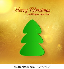 Green paper christmas tree on glimmered golden background. Vector illustration.