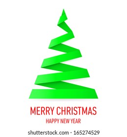 Green paper Christmas tree in origami style on white background. Greeting card.