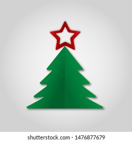 Green paper Christmas tree witn red star on gray background. Design elements for holiday cards. Vector Illustration