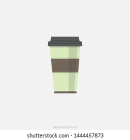 Green paper cup with coffee in flat style on a gray background.