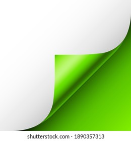 Green paper curl. Curled page corner with shadow. Blank sheet of paper. Colorful shiny foil. Design element for advertising and promotion. Vector illustration.