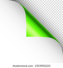 Green paper curl. Curled page corner with shadow. Blank sheet of paper. Colorful shiny foil. Design element for advertising and promotion. Vector illustration