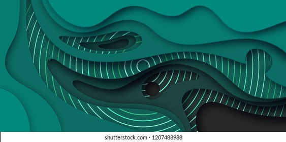 Green paper cut background. Abstract realistic papercut decoration textured with wavy layers and circles. 3d topography relief. Vector illustration. Cover layout template.