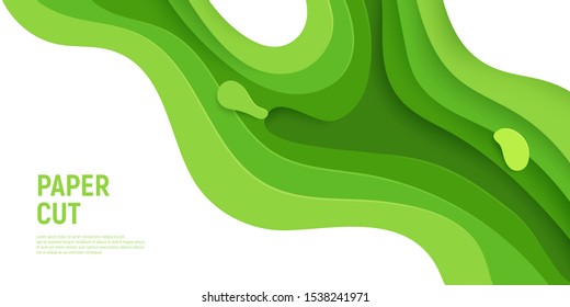 Green paper cut banner with 3D slime abstract background and green waves layers. Abstract layout design for brochure and flyer. Paper art vector illustration