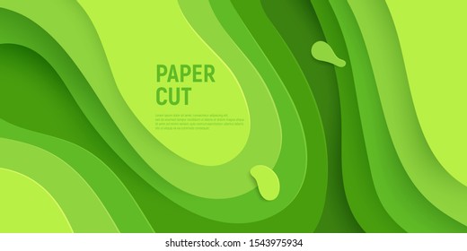 Green paper cut banner with 3D slime abstract background and green waves layers. Abstract layout design for brochure and flyer. Paper art vector illustration