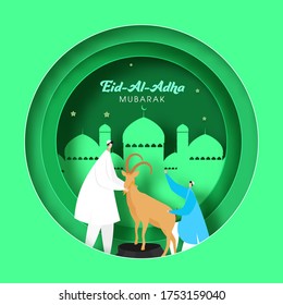 Green Paper Cut Circular Shape Background with Mosque and Muslim Men holding a Brown Goat on the Occasion of Eid-Al-Adha Mubarak.
