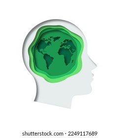 Green paper cut earth planet inside human head. Modern 3d papercut illustration concept of man profile silhouette with nature world map. Eco friendly solution, environment care design.