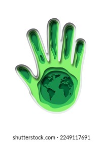 Green paper cut earth planet inside human hand. Modern 3d papercut illustration concept of nature world map handprint. Eco friendly charity support, environment help design.