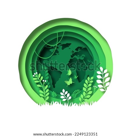 Green paper cut earth planet with nature environment inside. Modern 3d papercut illustration concept of world map, plant leaf and butterfly. Eco friendly solution, natural care design.