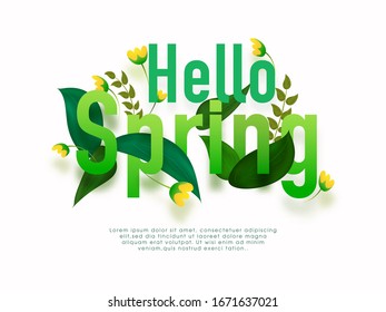 Green Paper Cut Hello Spring Text Decorated with Yellow Flowers and Leaves on White Background.