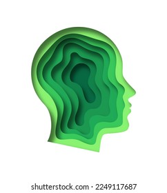 Green paper cut human head, modern 3d papercut nature illustration. Abstract man profile silhouette with layered design. Eco friendly solution, environment care concept.