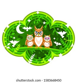 Green Paper Cut Owl On Branch Abstract Vector