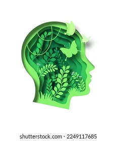 Green paper cut plant leaf growing inside human head. Modern 3d papercut illustration concept of man profile silhouette with nature environment and butterfly. Eco friendly solution, earth care design.