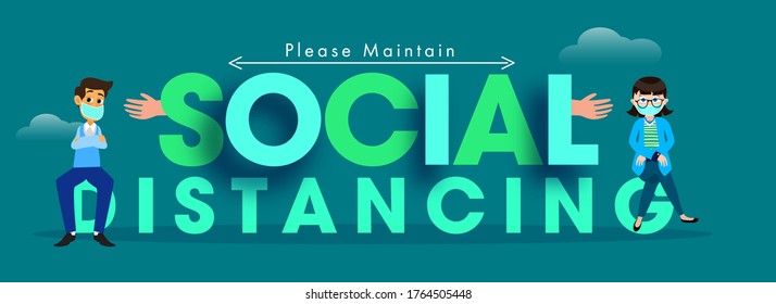 Green Paper Cut Social Distancing Text with Cartoon Man and Woman wearing Medical Mask on Teal Background.