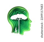 Green paper cut tree growing inside human head. Modern 3d papercut illustration concept of man profile silhouette with nature environment lifestyle. Eco friendly solution, earth care design.