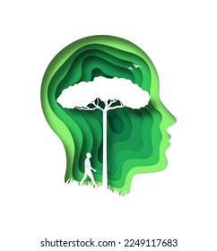 Green paper cut tree growing inside human head. Modern 3d papercut illustration concept of man profile silhouette with nature environment lifestyle. Eco friendly solution, earth care design.