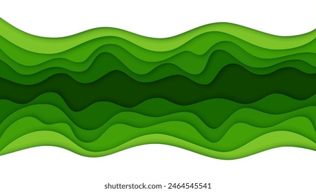 Green paper cut waves background of ecology environment, vector abstract papercut blank banner. Green nature paper cut pattern with cutout layers, eco environment and ecology conservation concept