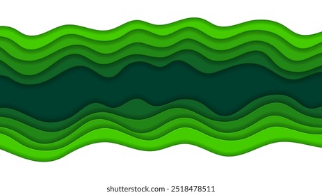 Fondo de medio ambiente de ondas de corte de papel verde. Marco Horizontal de papercut de Vector 3D con patrones ondulados en capas, crea una sensación de profundidad y movimiento. Plantilla fronteriza para el tema ecológico natural