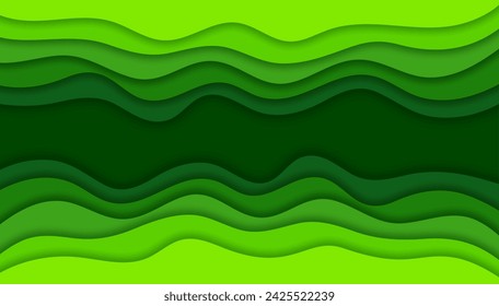 Green paper cut waves or papercut ecology background, vector abstract art. Green grass paper cut pattern, nature and eco eco environment with gradient wavy cutout layers of forest or farm background