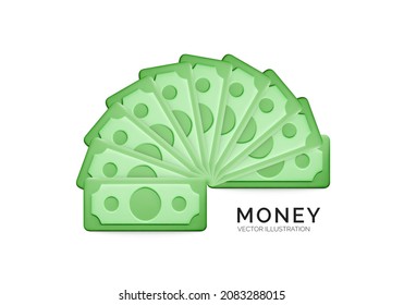 Green paper dollar icon. Dollar bill in fan silhouette. Cartoon money isolated on white background. Vector illustration