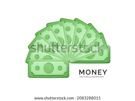 Green paper dollar icon. Dollar bill in fan silhouette. Cartoon money isolated on white background. Vector illustration