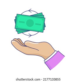 Green paper dollar money bills over human hand. Money cash, payment, loan. Symbol of success and wealth cartoon vector illustration isolated white background