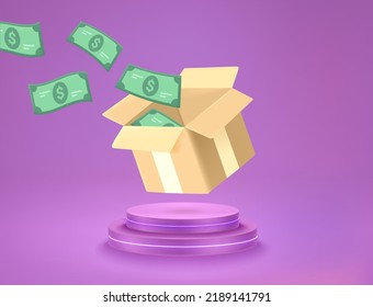 Dólares de papel verde volando por la caja. Ilustración del vector 3d