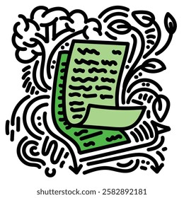 Green Paper with doodle. Simple illustration. Hand drawn doodle for sticker, postcard, wallpaper, mural, fabric, prints, wall decor, clothing, etc