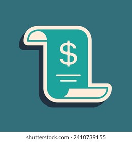 Green Paper or financial check icon isolated on green background. Paper print check, shop receipt or bill. Long shadow style. Vector